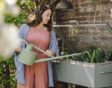 Anne geeft moestuinplanten in een kweekkas water met een gieter