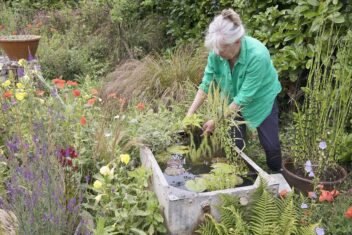 Vrouw maakt tijnvijver in tuin met veel bloemen en dichte beplanting voor tuindieren.