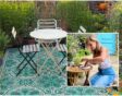 De metamorfose van een kaal dakterras tot een sfeervol zitje met kleed en veel planten. Inzetje: portretfoto van tuinier Naomi.